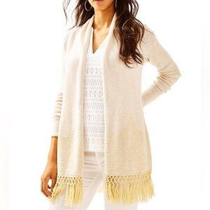 Lilly Pulitzer Tatum Long Fringe Hem Cardigan Sweater Ivory Gold Metallic Medium